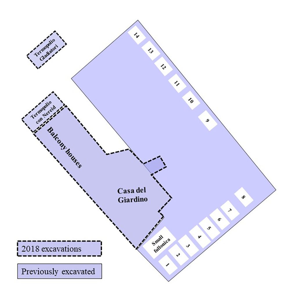 Pompeii Regio V(5) Insula 3. Plan of entrances 1 to 12 and 2018 discoveries